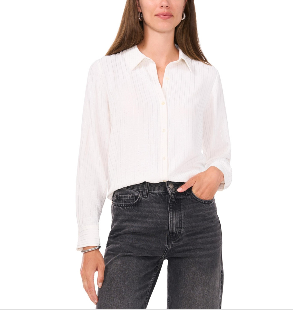 Vince Camuto Women Foil Stripe Collared Button Down Shirt White Size L